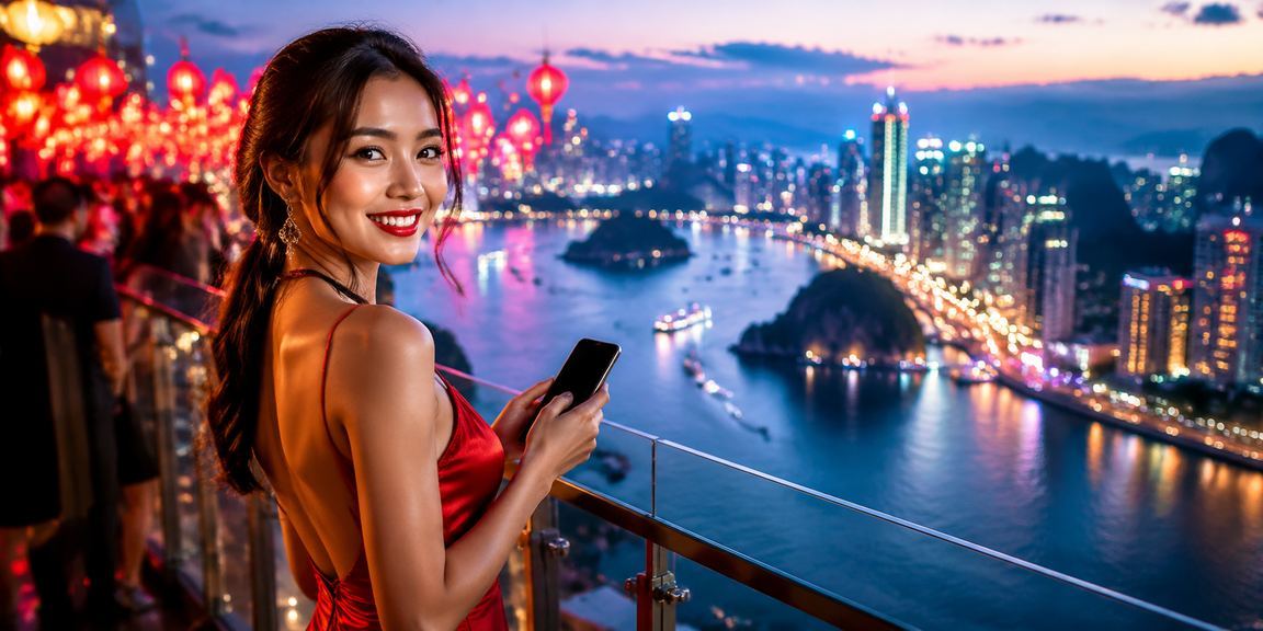Phong cảnh vịnh Hạ Long với người dùng theo dõi cược thể thao và esports bên bờ biển